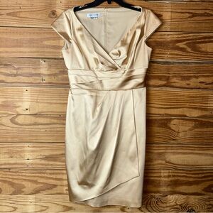 Kay Unger Gold Pleated Wrap Midi Dress